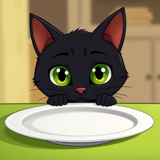 Create a high-resolution cartoon illustration of a black cat with large green eyes peeking over a plain white dinner plate on a green tablecloth, using a DSLR camera with a 50mm lens, aperture set to f/2.8, ISO 200, and a shallow depth of field for a soft background blur.