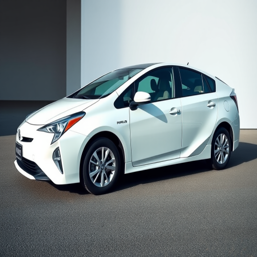 Generate an image of a white car similar to a Prius in a side view with a clean, minimalist design, using a DSLR camera with an aperture of f/2.8, shutter speed of 1/250s, ISO 100, and a wide-angle lens, in natural lighting conditions for enhanced detail and clarity.