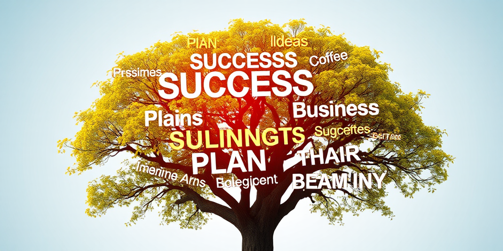 Create an image of a tree with words representing business concepts like success, plan, ideas, and teamwork, using a high-resolution digital camera with a macro lens at f/2.8, 1/125s shutter speed, and ISO 100, focusing on vivid colors and clear text against a soft gradient background, shot from a slightly elevated angle.