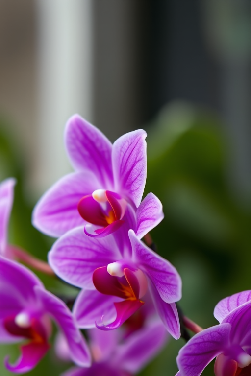 Close-up shot of vibrant purple orchids with a blurred background, aperture f/2.8, ISO 100, shutter speed 1/200s, macro lens, natural light, DSLR camera.