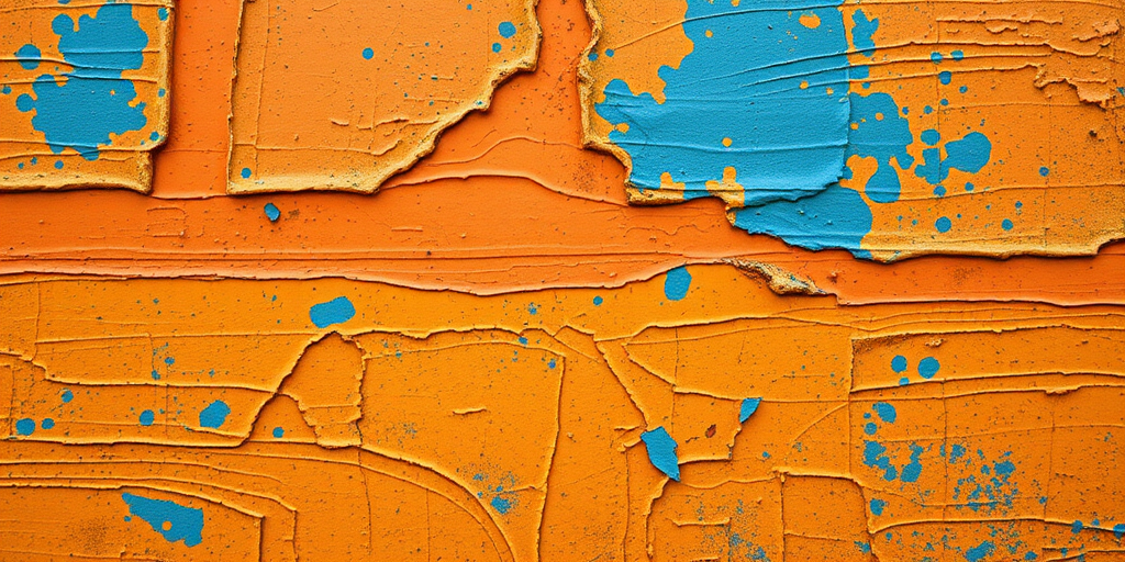 create a textured abstract composition featuring vibrant orange, blue, and yellow hues with layered patterns resembling weathered surfaces, captured with a DSLR camera at f/8 Aperture, ISO 200, 50mm lens, top-down view, natural light.