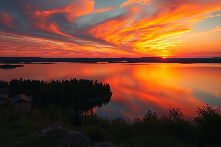 Photo of a serene landscape with a sunset over a lake, vibrant colors reflecting on the water, high dynamic range, ISO 100, aperture f/8, shutter speed 1/125s, wide-angle lens, shot with a DSLR camera.