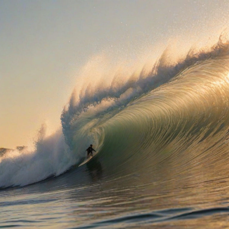 Blurry action shot of a surfer riding a massive wave at sunrise, water spraying into the air, with soft golden light reflecting off the ocean and seagulls flying overhead.