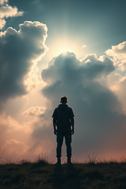 Regenerate the image of a figure standing in a mystical landscape with dramatic clouds and a soft glow, using a DSLR camera with a 35mm lens, aperture f/2.8, shutter speed 1/125s, ISO 100, in a wide-angle view to capture the expansive scenery and enhance depth.