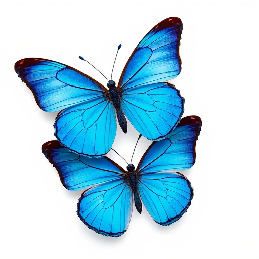 Generate an image of two blue butterflies with delicate wings. The butterflies should be positioned one above the other, showcasing their vibrant blue color and intricate wing patterns against a plain white background.