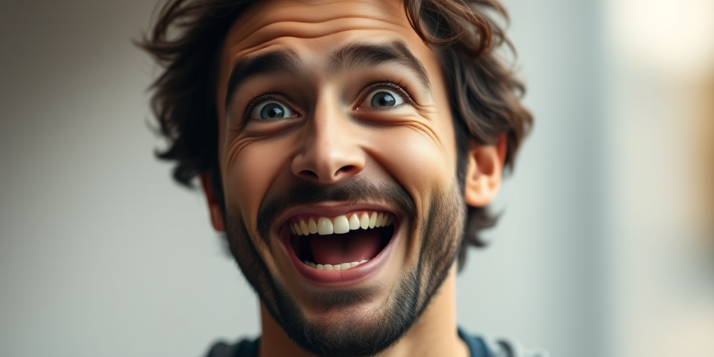 regenerate the image of a man with an excited expression, using a Canon EOS R camera, 50mm lens, f/1.8 aperture, ISO 100, soft lighting from behind, focus on the subject with a blurred background to enhance image quality.