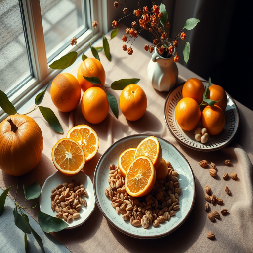 create a still life composition featuring a variety of fruits including oranges and longan, alongside a selection of nuts and seeds arranged on stylish plates, with a soft natural light illuminating the scene, using a DSLR camera, 50mm lens, f/2.8 aperture, ISO 200, and a warm color palette for a cozy atmosphere.