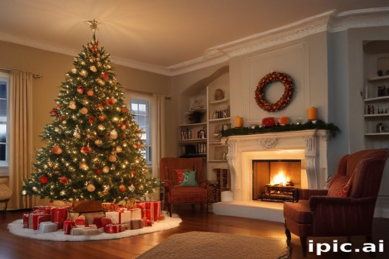 Cozy Living Room Decorated for Christmas with Tree and Fireplace