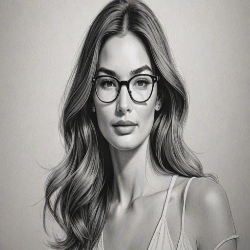 Graceful Lily Aldridge, pencil sketch, portrait of Wonderful woman 1946s in glasses, hair style beatnik, outline, clear lines, fine lines, 8k
