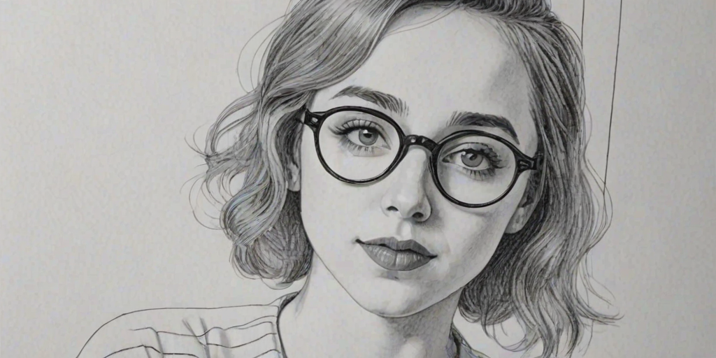 Graceful Zoe Kazan, pencil sketch, portrait of Alluring woman 1935s in glasses, hair style beatnik, outline, clear lines, fine lines, 8k