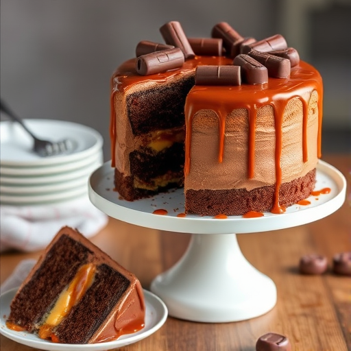Chocolate cake with layers filled with caramel and frosting topped with chocolate bars and drizzled with caramel sauce on a white pedestal cake stand with a slice removed and served on a plate.