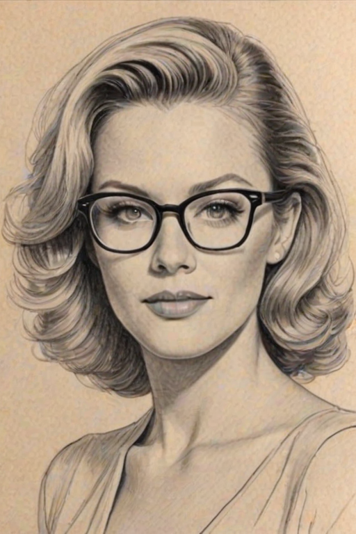 Dazzling Andrea Anders, pencil sketch, portrait of Captivating woman 1943s in glasses, hair style beatnik, outline, clear lines, fine lines, 8k