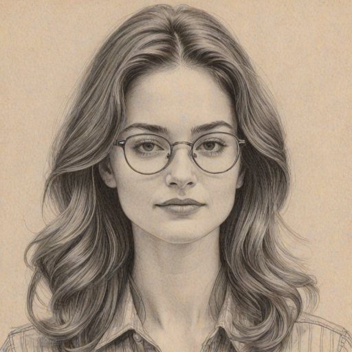Exquisite Emily Robinson, pencil sketch, portrait of Beauteous woman 1972s in glasses, hair style beatnik, outline, clear lines, fine lines, 8k