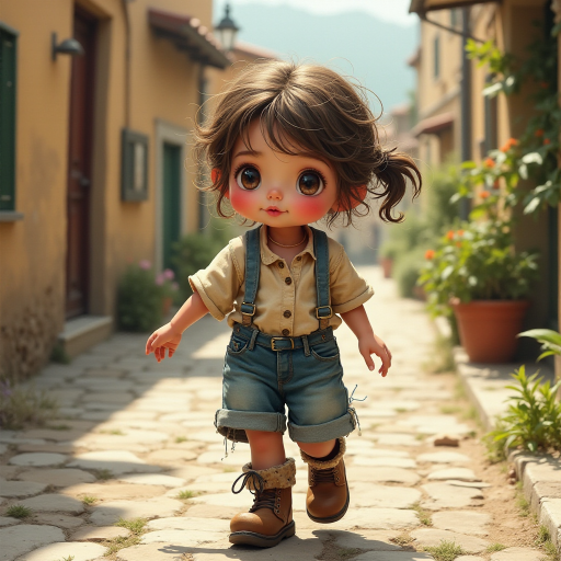 Whimsical little 3-year-old girl wearing scruffy tomboy clothes, boots, messy hair heavily blushed cheeks, pink lips, closely dancing in the street of an Italian village,Textured painterly fantasy artistic mixed media