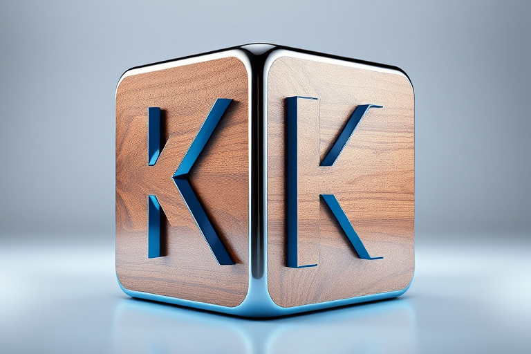 Create a high-resolution 3D rendering of a cube with the letters "K" prominently displayed on its sides, textured with a combination of polished metal and wood grain, using a Canon EOS R5 camera with a 50mm f/1.2 lens at f/8, ISO 100, and a 1/200 shutter speed, viewed at a three-quarter angle with soft studio lighting to emphasize reflections and details.