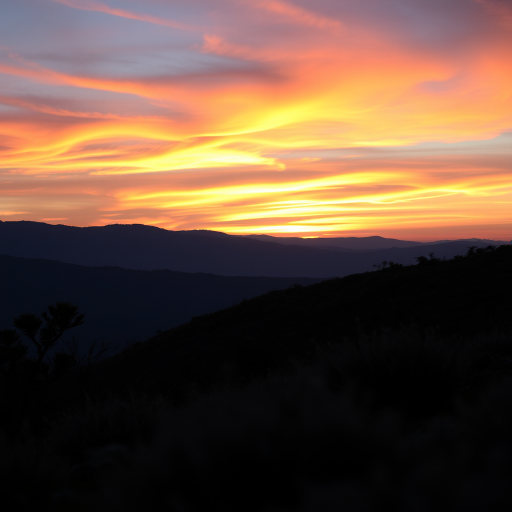 Create an image of a scenic landscape during sunset, capturing vibrant colors in the sky with mountains in the background, using a DSLR camera with a 50mm lens, aperture set to f/1.8, ISO 200, and a shutter speed of 1/200s, with a slightly low angle view for depth and richness in the foreground.