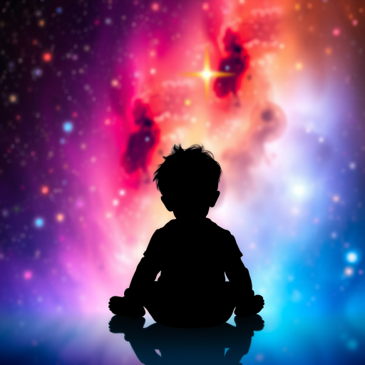 Create an image of a silhouette of a child sitting quietly against a vibrant, colorful cosmic background filled with stars and swirling galaxies, captured with a DSLR camera at f/1.8, 50mm lens, ISO 100, with a bokeh effect and soft focus to enhance depth and clarity.