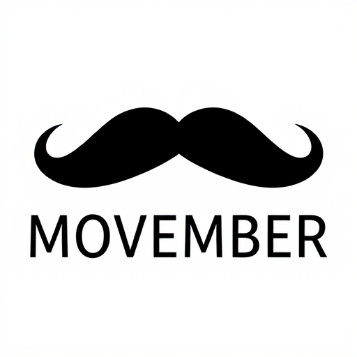 Create an image of a bold black mustache silhouette above the word MOVEMBER in a modern sans-serif font, use a Canon EOS R5, aperture f/2.8, ISO 100, 35mm lens, with a sharp focus on the mustache against a clean white background.