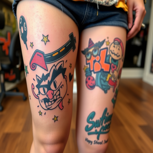 Playful new school tattoo on the thigh, featuring exaggerated cartoon characters and bold, graffiti-inspired elements, employing vivid colors and thick outlines for a fun and eye-catching design