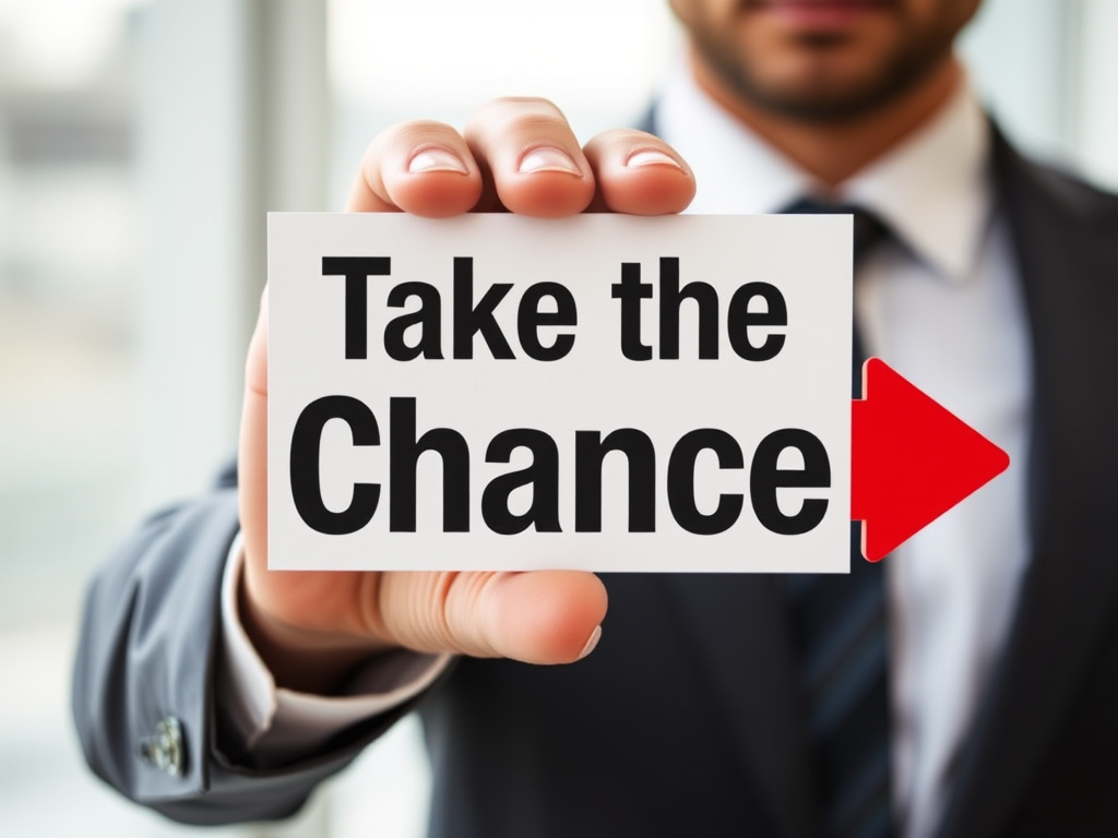 Generate an image of a business person in a suit holding a sign that reads "Take the Chance" with bold red arrows on either side, shot with a DSLR camera at f/4, ISO 100, 50mm lens, natural light, focus on the hand and sign, shallow depth of field.