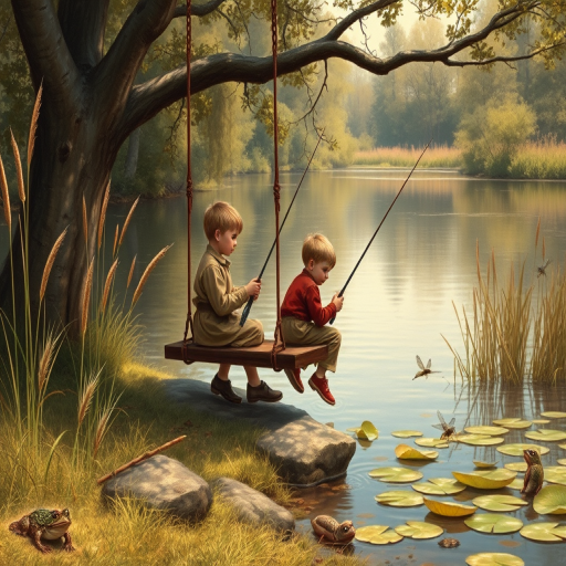 Imagine a small group of old fashioned young boys out fishing by the creek, a swing hanging from a tree branch, reeds and grasses by the water's edge, a frog sitting on a lily pad, dragonflies hovering over som water plans, a very iconic old fashioned scene reminiscent of a Norman Rockwell painting style