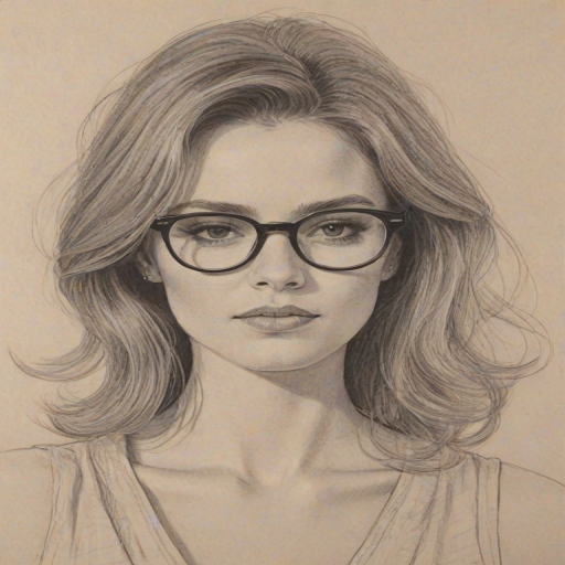 Sublime Zoe Deutch, pencil sketch, portrait of Stunning woman 1970s in glasses, hair style beatnik, outline, clear lines, fine lines, 8k