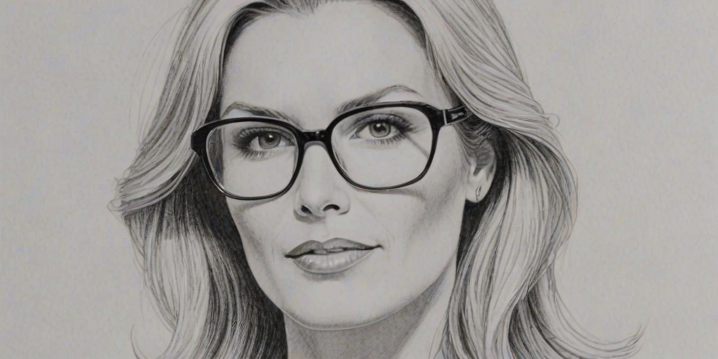 Wonderful Katherine Kelly Lang, pencil sketch, portrait of Lovely woman 1974s in glasses, hair style beatnik, outline, clear lines, fine lines, 8k
