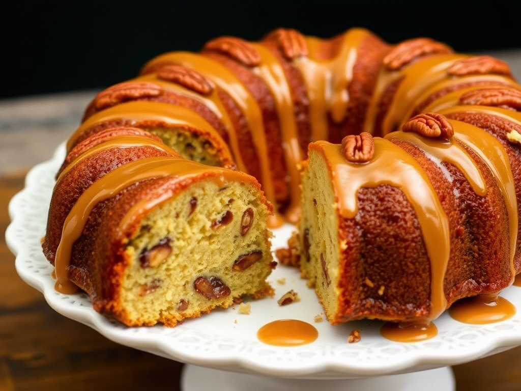 A deliciously moist bundt cake with a rich caramel glaze drizzled over the top and garnished with pecans, showcasing a slice revealing a nut-filled interior on a decorative white plate.