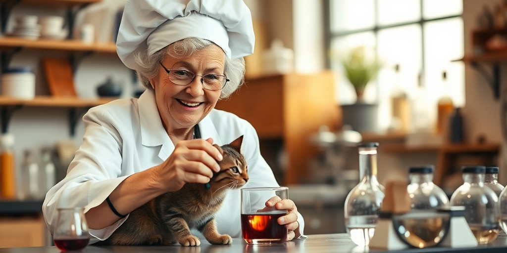 A cheerful elderly woman in a lab coat and chef's hat conducting an experiment with a cat in a vintage laboratory, using a glass dropper, warm lighting, shallow depth of field, 50mm lens, f/2.8, ISO 200, DSLR camera, soft focus background.