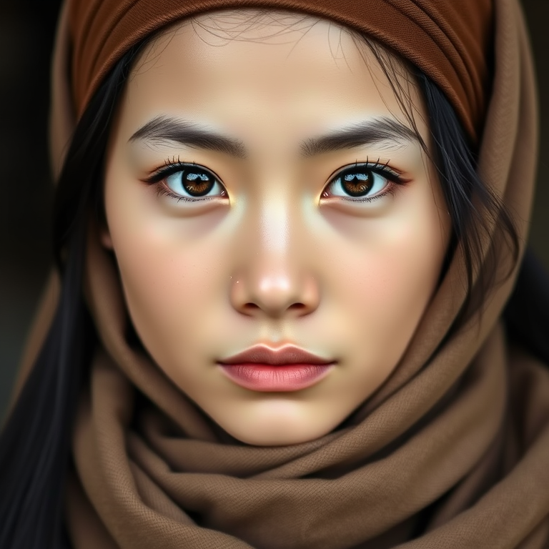 Create a portrait of a young Mongolian female with long, dark hair and captivating hazel eyes. She is wearing a brown headscarf and a matching scarf draped gracefully around her neck. The background is softly blurred, focusing attention on her serene and natural expression. The overall color palette is muted and warm, enhancing the intimate and authentic feel of the portrait.