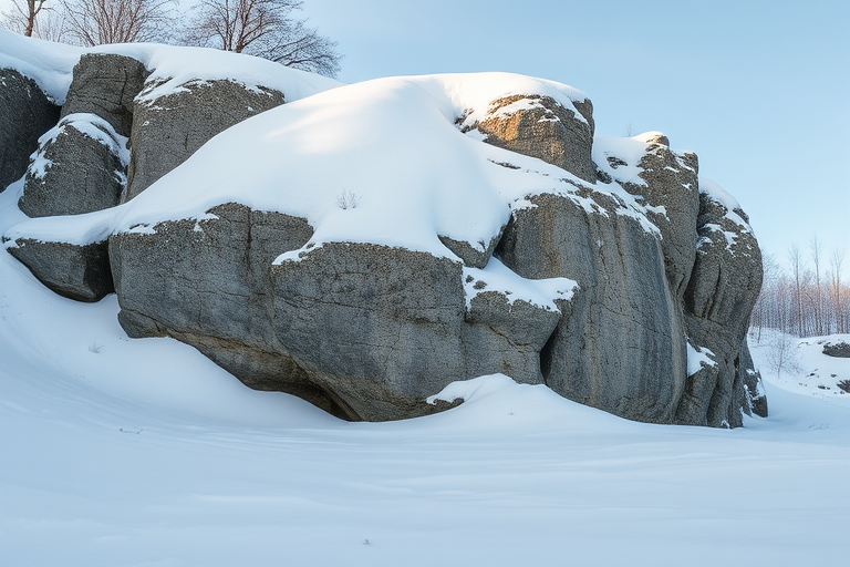 Snow-covered rock formation in a winter landscape, shot with a DSLR camera at f/8, ISO 100, 24mm lens, wide-angle view, soft natural light for enhanced detail and texture.
