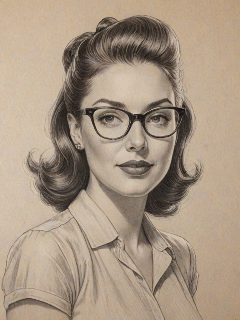 Gorgeous Gina Linetti, pencil sketch, portrait of Enticing woman 1940s in glasses, hair style beatnik, outline, clear lines, fine lines, 8k