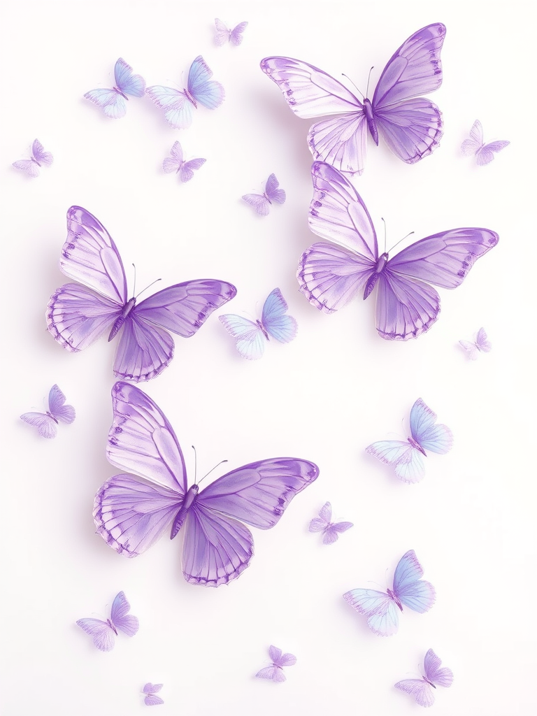 Create a soft pastel background with light purple butterflies scattered throughout. The butterflies should have delicate wings with hints of blue and white, giving a gentle and serene feel to the image.