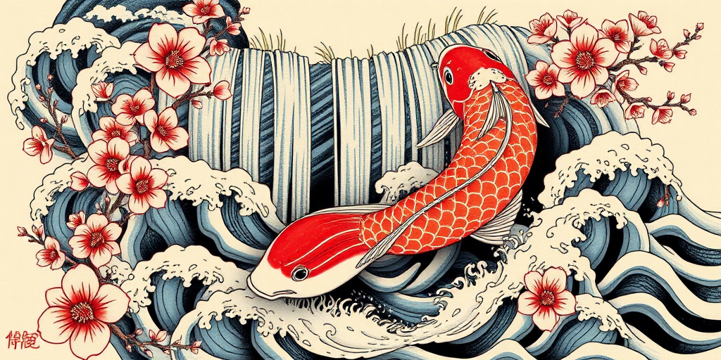 Japanese-inspired irezumi tattoo named "Koi Ascension" with a large, flowing koi fish swimming up a cascading waterfall, surrounded by cherry blossoms and waves, ideal for a full back or sleeve design