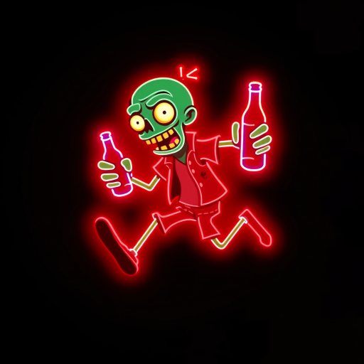 Create an image of a neon sign featuring a cartoon-style zombie in a dynamic pose, holding a bottle. The neon sign should glow in red against a dark background, making the character stand out prominently. The character should appear to be running, capturing attention with its vibrant color and action pose, perfect for advertising or decorative purposes.