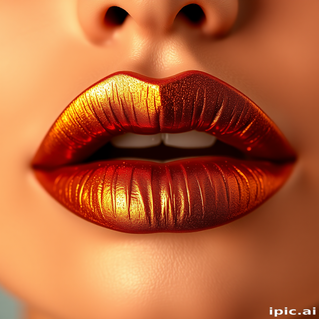 Molten bronze lips with dimensional metallic finish, sculpted and defined shape, warm and rich tones, luxurious Liquid Amber Luxe design