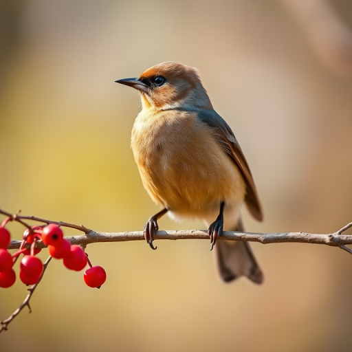 Create a high-resolution image of a Cedar Waxwing perched on a branch with red berries, captured with a Canon EOS R5, 100mm f/2.8 macro lens, shallow depth of field, natural light, and a soft bokeh background to enhance the bird's details.