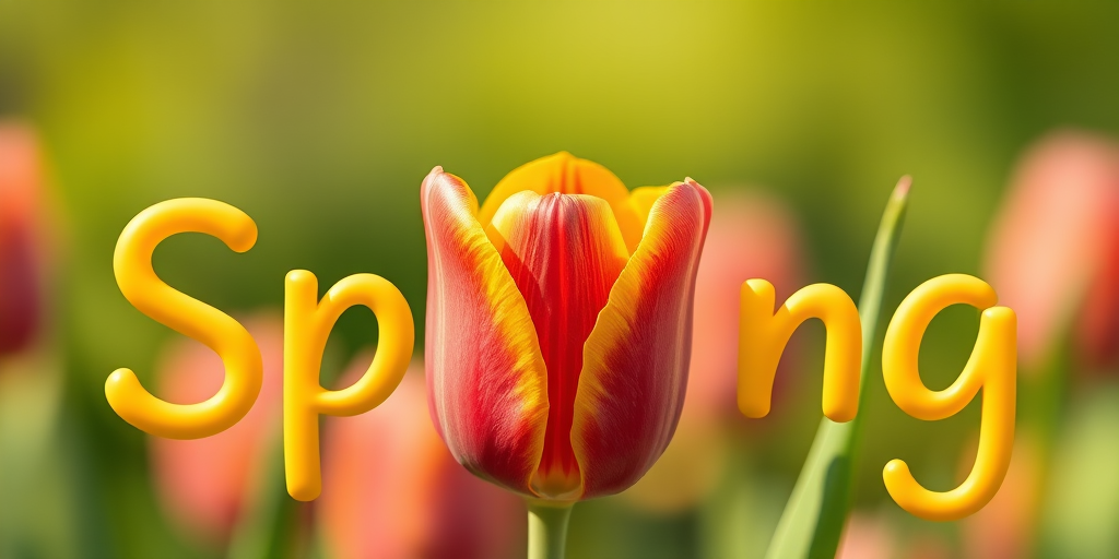Create an illustration of the word "Spring" featuring a colorful tulip as the letter "i", use a soft focus lens with a shutter speed of 1/125s, aperture set to f/4, and a DSLR camera for high-quality imagery.