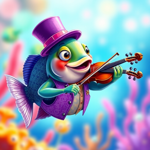 Create a high-resolution illustration of a playful fish wearing a purple top hat and a patterned vest, playing a violin, with a bright and colorful background, captured with a DSLR camera at f/8 aperture, 24mm lens, ISO 100, in natural lighting, with a vibrant color palette and crisp details.