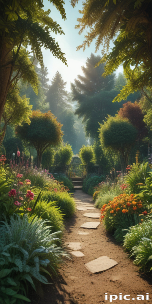 Enchanting Garden Pathway Surrounded by Lush Greenery and Vibrant Flowers