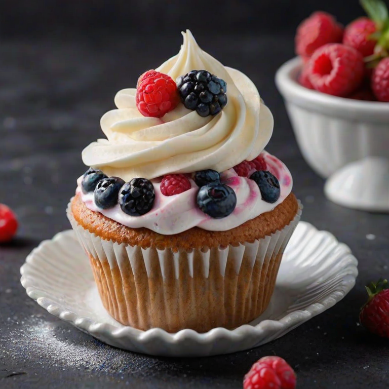 Create an image of a beautifully decorated cupcake topped with a swirl of creamy frosting. The frosting should be adorned with fresh berries like raspberries, blueberries, and blackberries, along with delicate edible flowers. Lightly dust the cupcake with powdered sugar, and set it against a dark background to enhance the vibrant colors and details. Include a few scattered berries around the cupcake for added visual interest.