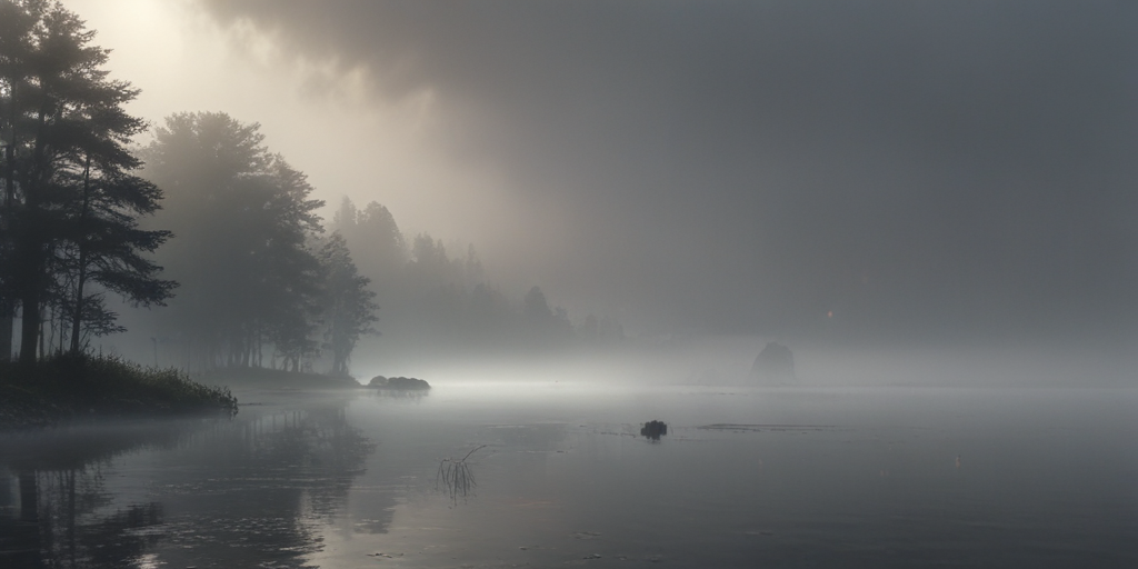 Misty Morning Reflections Over a Tranquil Lake Surrounded by Trees.