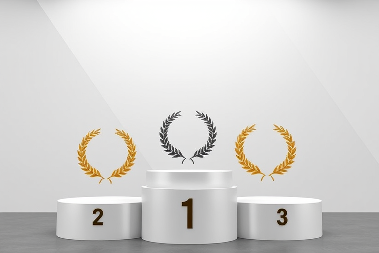 Create an image of three podiums in ascending order with the first place in gold, second place in silver, and third place in bronze, featuring laurel wreaths on each podium, captured with a DSLR camera at f/8 aperture, ISO 100, 50mm lens, in a well-lit studio environment.