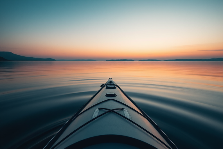 a serene kayak scene on a calm lake at dawn with soft pastel colors, shot with a DSLR camera at f/4, 1/200s, ISO 100, 50mm lens, shallow depth of field, capturing gentle ripples and a clear horizon in natural light