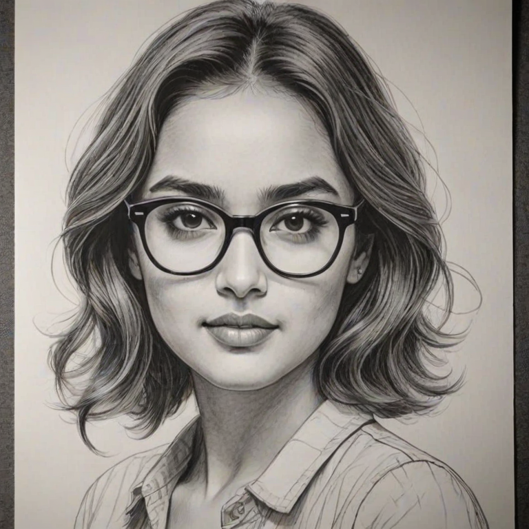 Enticing Summer Bishil, pencil sketch, portrait of Gorgeous woman 1949s in glasses, hair style beatnik, outline, clear lines, fine lines, 8k