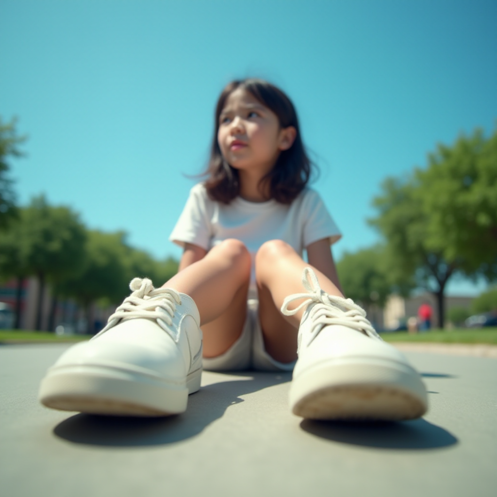 Generate an ultra-realistic, highly detailed, high-definition photograph. It's a photo of a girl sitting on the floor. She's looking at the horizon. The photo is taken from the bottom up, at ground level. The girl's sneakers are in the foreground, in the center of the scene. The girl is wearing light clothes, a t-shirt and short shorts. The sky is blue. Bright environment. The background is a blurred image of a park.