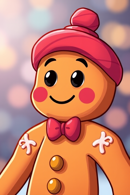 Create a colorful, cartoon-style illustration of a gingerbread man character, using a 50mm lens, f/1.8 aperture, ISO 100, 1/200 sec shutter speed, soft lighting, and a shallow depth of field for enhanced image quality.