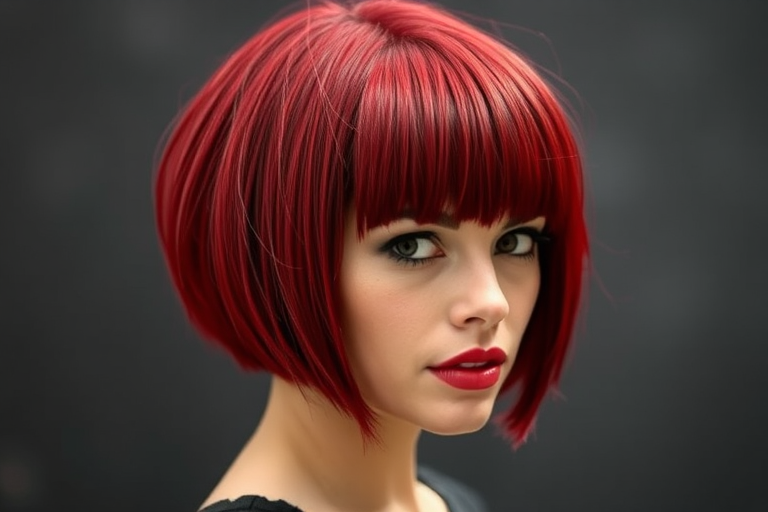 Fierce crimson bob with blunt bangs and hidden undercut designs revealed when styled up, dubbed "Ruby Rebel" exuding confidence and inner fire