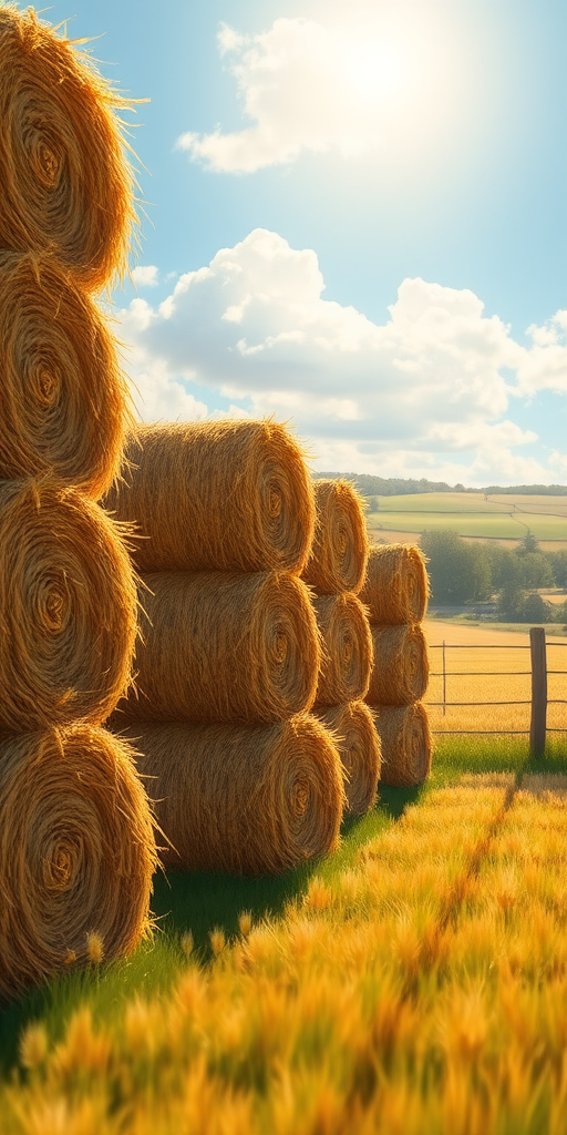 Create a realistic illustration of stacked hay bales in a sunlit rural setting, aperture f/8, ISO 100, 50mm lens, shallow depth of field, natural lighting, high-resolution digital art.