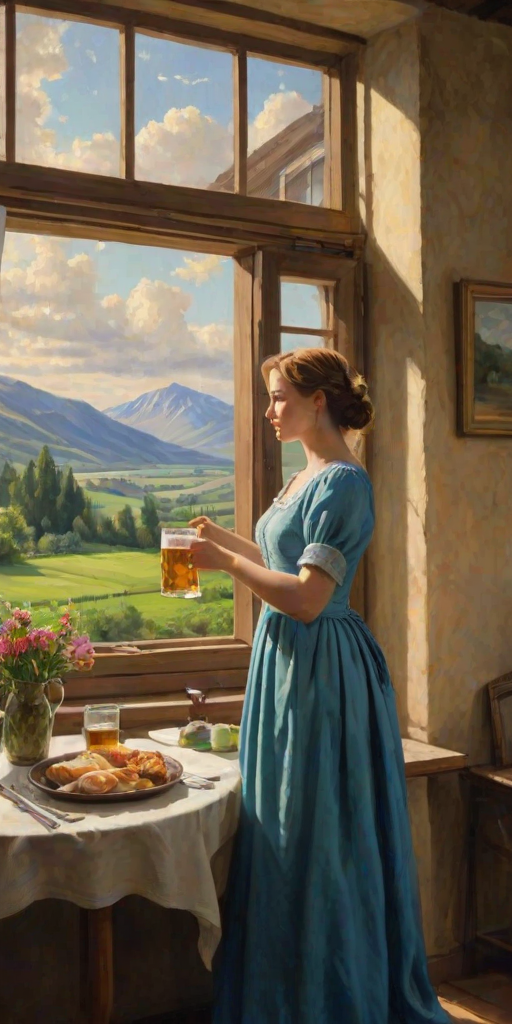 In "A Glass of Beer on the Highland," a serene scene is depicted in a sunlit room where a woman in a vibrant blue dress stands by a large window. She holds a tray with a hearty meal and a frothy glass of beer, embodying a moment of relaxation. Outside, the breathtaking highland landscape features rolling green hills and a charming traditional house, all bathed in warm afternoon light. The interior is adorned with potted plants, creating a harmonious blend of comfort and nature. The painting beautifully captures the tranquility and joy found in simple pleasures amidst stunning scenery
